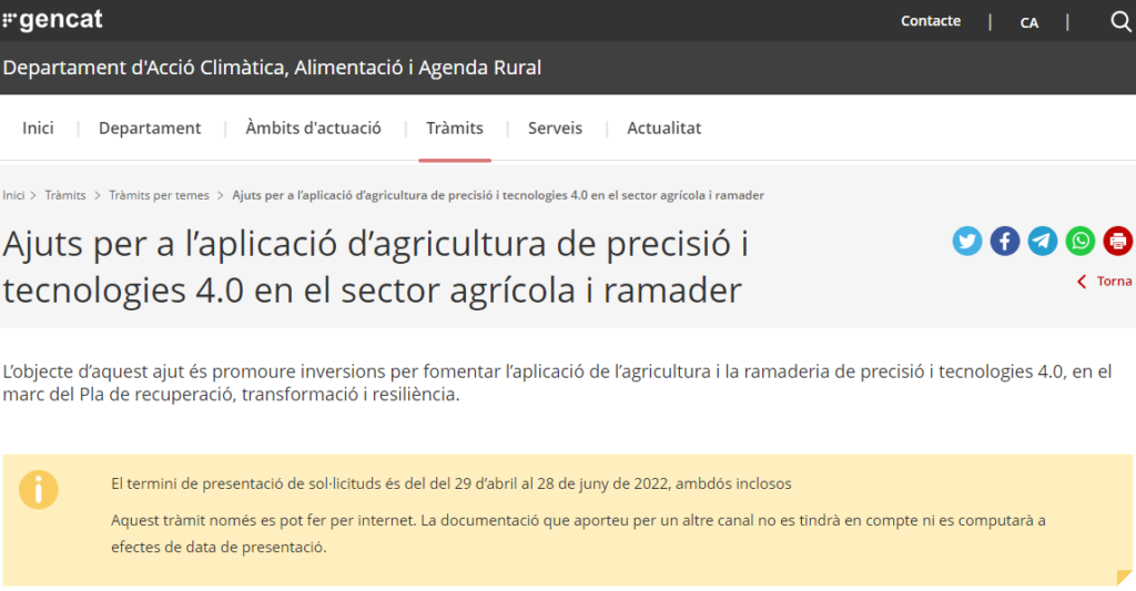 Ajuts per a l’aplicació d’agricultura de precisió i tecnologies 4.0 en el sector agrícola i ramader